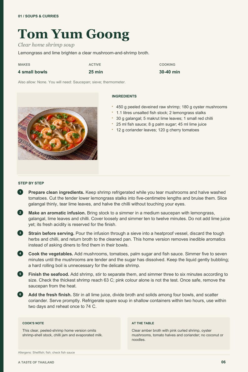 Actual PDF page 6: Tom Yum Goong, metric ingredients and the six-step recipe method.