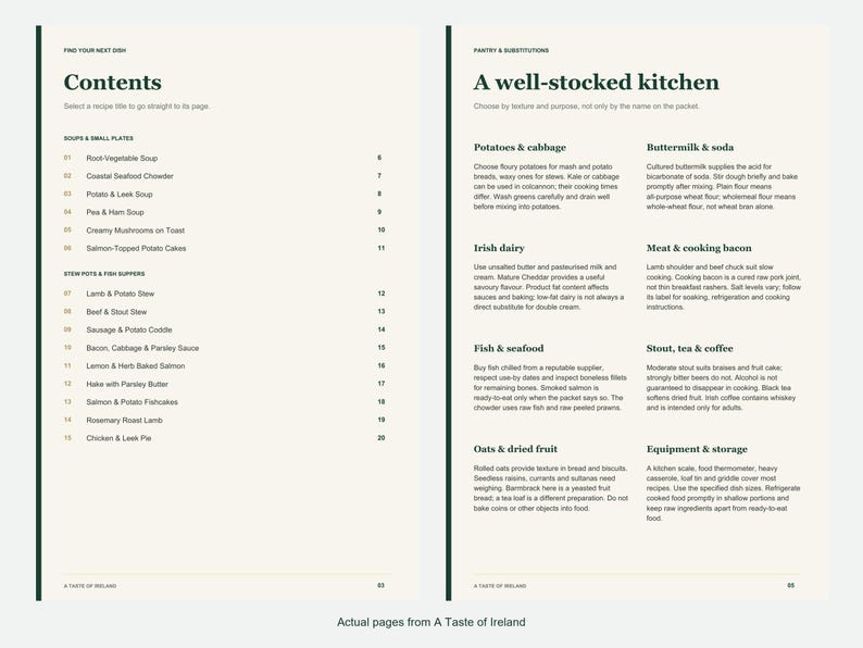 Actual contents and kitchen-notes pages from A Taste of Ireland.
