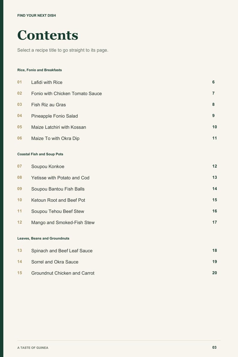 Actual PDF page 3 from A Taste of Guinea: Contents, page 1.