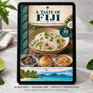 Digital cookbook mockup displaying the actual A Taste of Fiji cover. English PDF download only; no tablet or physical book included.