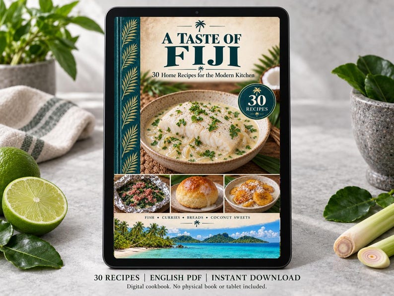 Digital cookbook mockup displaying the actual A Taste of Fiji cover. English PDF download only; no tablet or physical book included.