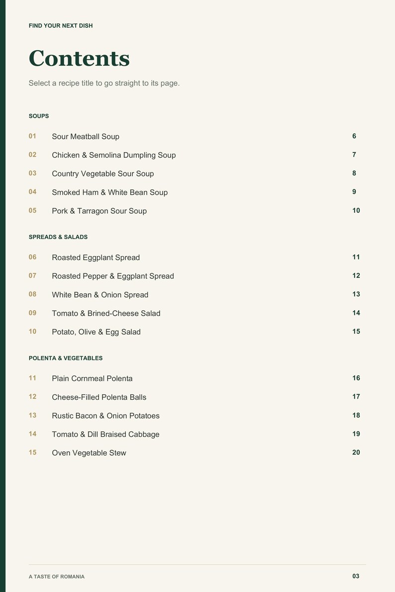Actual PDF page 3 from A Taste of Romania: Contents, page 1.