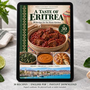 Digital cookbook mockup displaying the actual A Taste of Eritrea cover. English PDF download only; no tablet or physical book included.