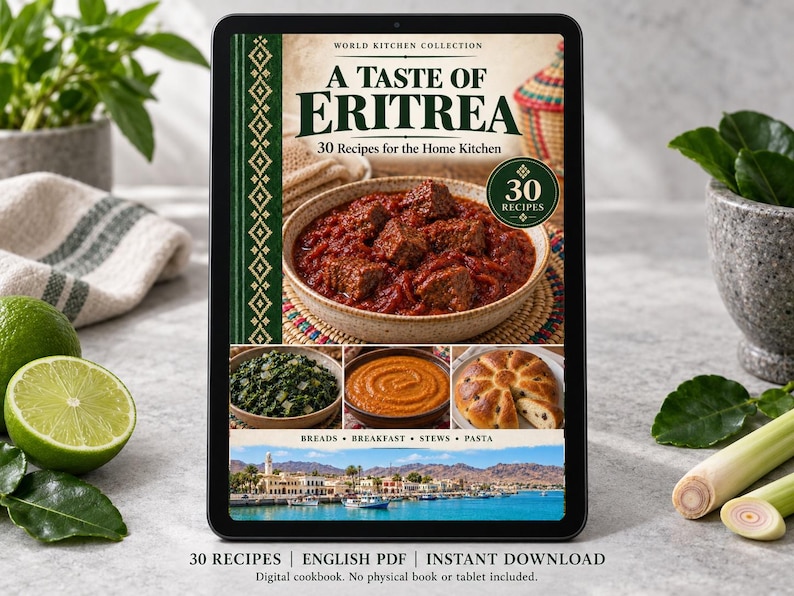Digital cookbook mockup displaying the actual A Taste of Eritrea cover. English PDF download only; no tablet or physical book included.