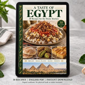 Digital cookbook mockup displaying the actual A Taste of Egypt cover. English PDF download only; no tablet or physical book included.