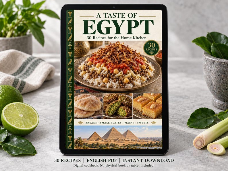 Digital cookbook mockup displaying the actual A Taste of Egypt cover. English PDF download only; no tablet or physical book included.