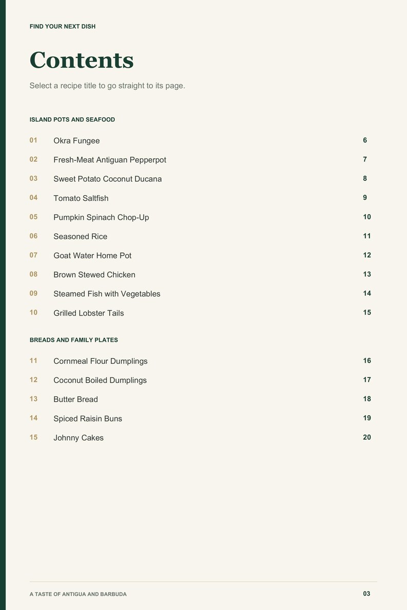 Actual PDF page 3 from A Taste of Antigua and Barbuda: Contents, page 1.