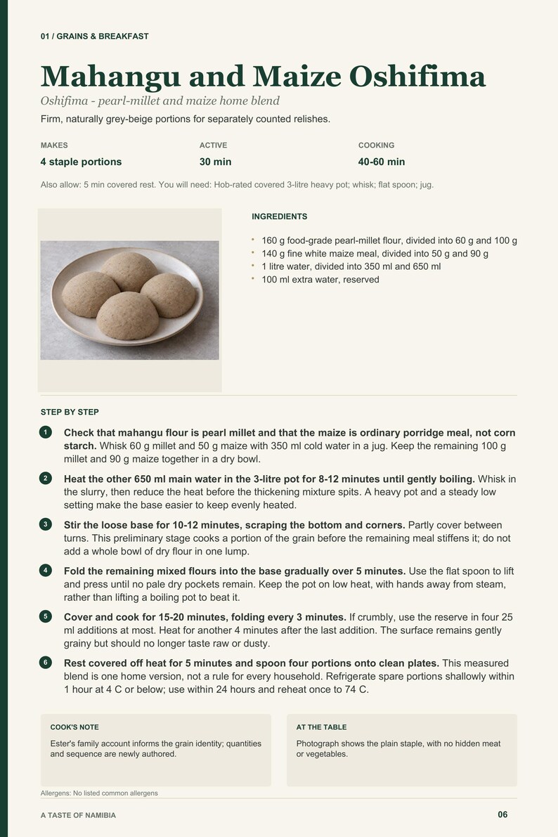 Actual PDF page 6 from A Taste of Namibia: Mahangu and Maize Oshifima recipe page.
