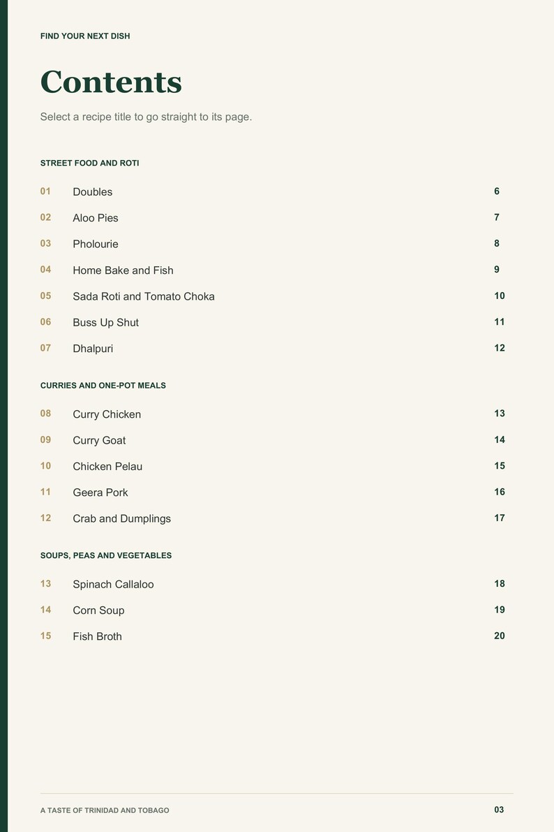 Actual PDF page 3 from A Taste of Trinidad and Tobago: Contents, page 1.