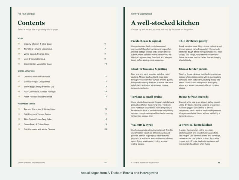 Actual contents and kitchen-notes pages from A Taste of Bosnia and Herzegovina.