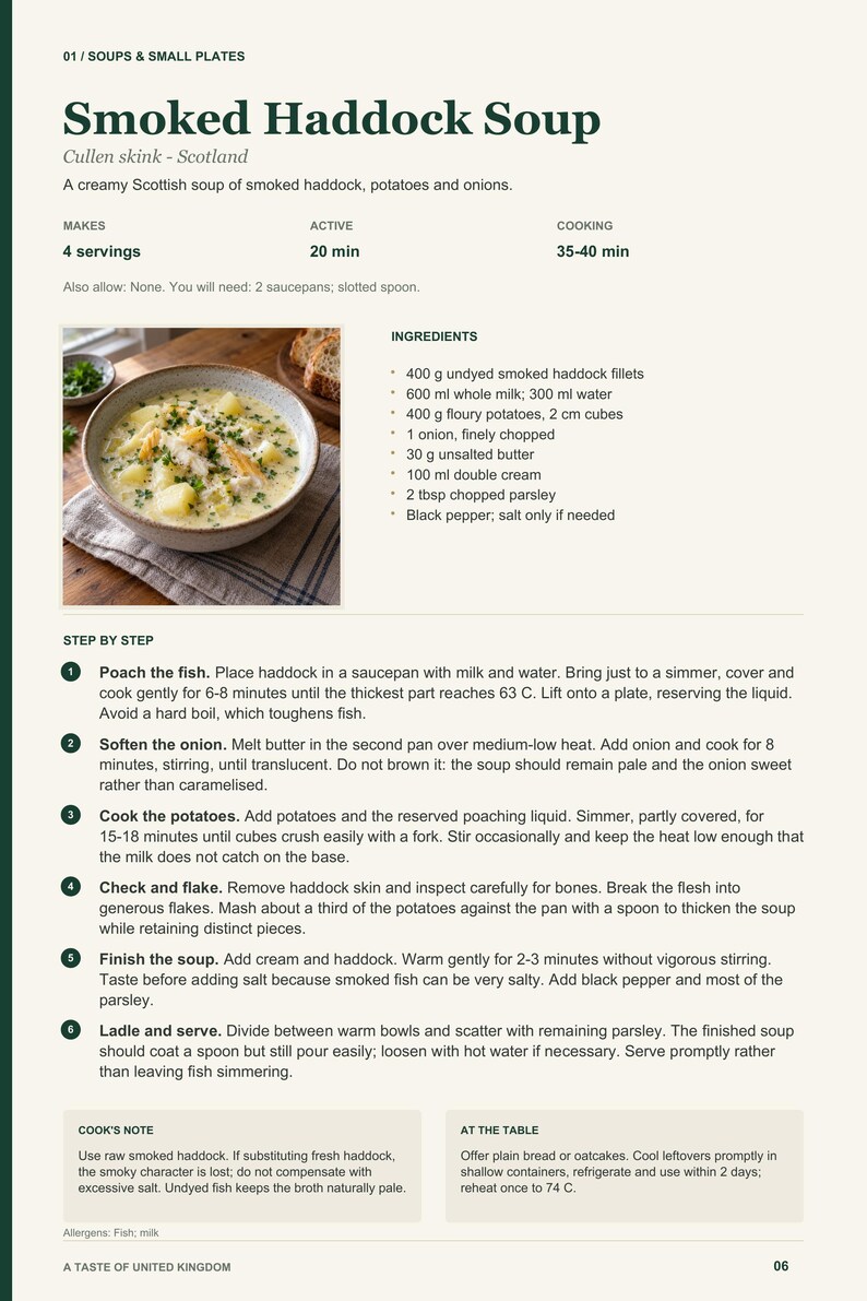 Actual PDF page 6 from A Taste of United Kingdom: Smoked Haddock Soup recipe page.