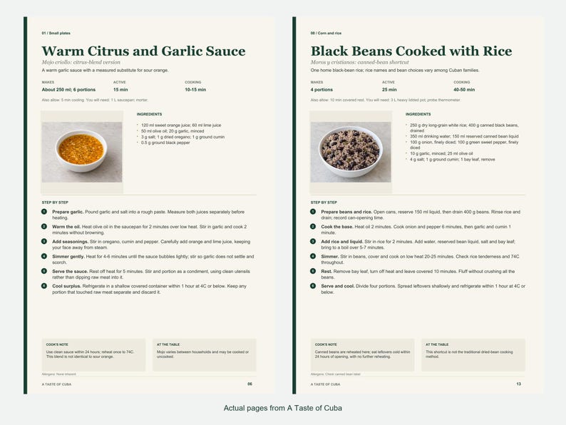Two actual recipe pages from A Taste of Cuba.