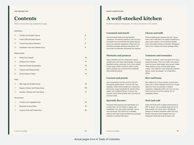 Actual contents and kitchen-notes pages from A Taste of Colombia.