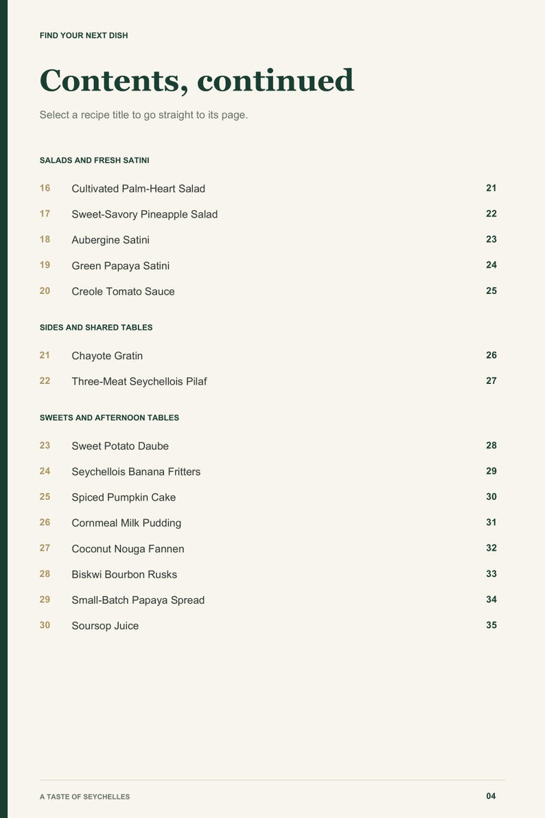 Actual PDF page 4 from A Taste of Seychelles: Contents, page 2.