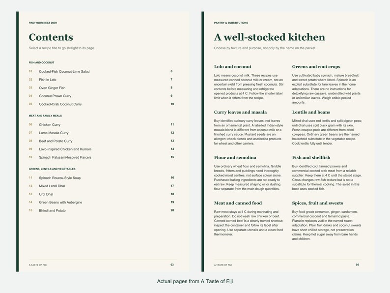 Actual contents and kitchen-notes pages from A Taste of Fiji.