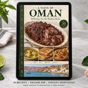 Digital cookbook mockup displaying the actual A Taste of Oman cover. English PDF download only; no tablet or physical book included.