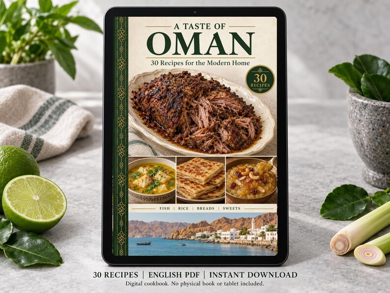 Digital cookbook mockup displaying the actual A Taste of Oman cover. English PDF download only; no tablet or physical book included.