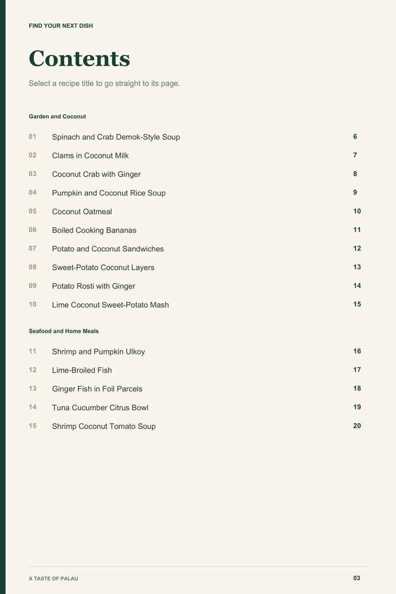 Actual PDF page 3 from A Taste of Palau: Contents, page 1.