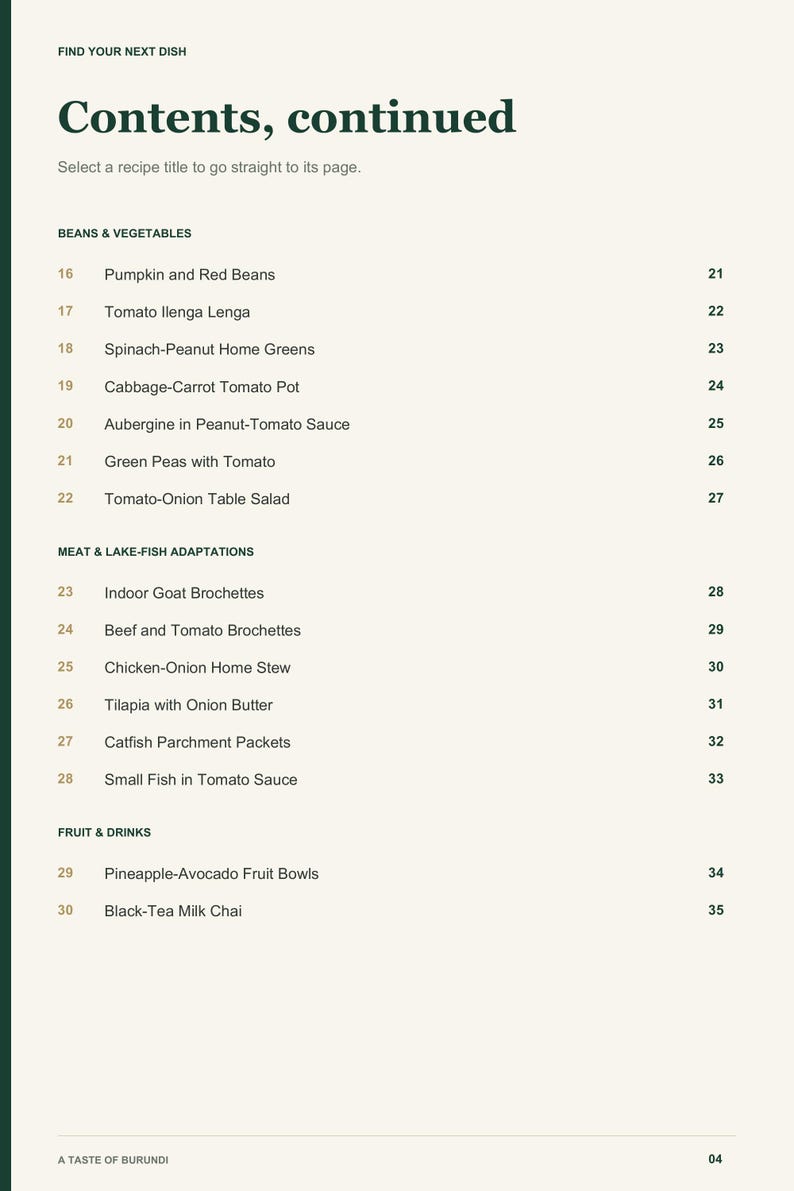 Actual PDF page 4 from A Taste of Burundi: Contents, page 2.