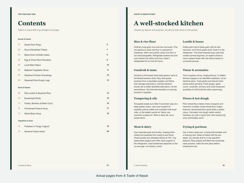 Actual contents and kitchen-notes pages from A Taste of Nepal.