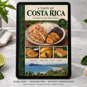 Digital cookbook mockup displaying the actual A Taste of Costa Rica cover. English PDF download only; no tablet or physical book included.