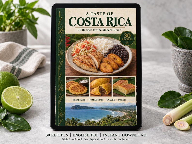 Digital cookbook mockup displaying the actual A Taste of Costa Rica cover. English PDF download only; no tablet or physical book included.