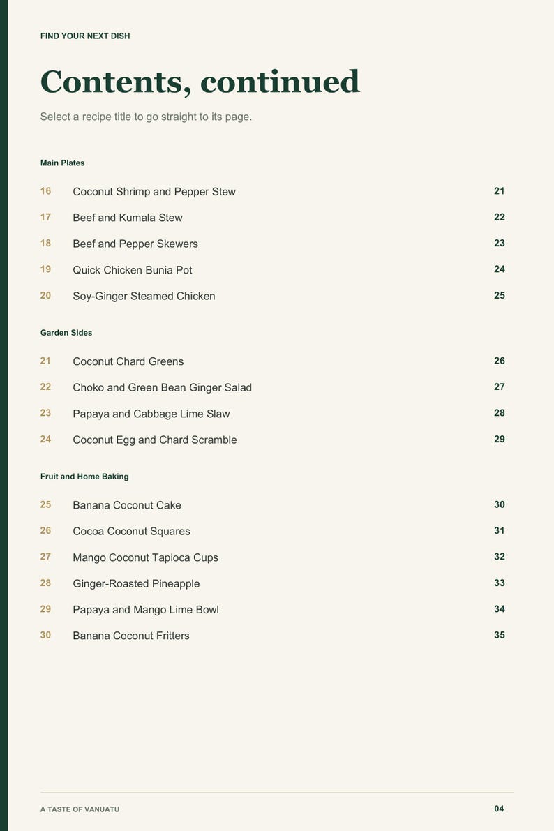 Actual PDF page 4 from A Taste of Vanuatu: Contents, page 2.