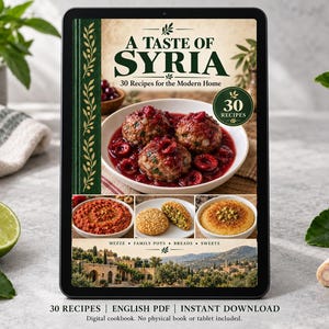 Digital cookbook mockup displaying the actual A Taste of Syria cover. English PDF download only; no tablet or physical book included.