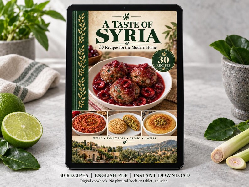 Digital cookbook mockup displaying the actual A Taste of Syria cover. English PDF download only; no tablet or physical book included.