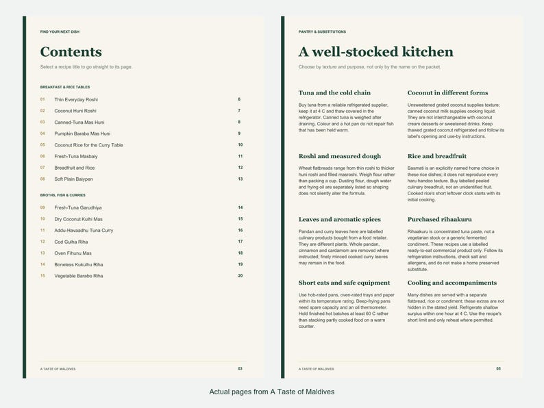 Actual contents and kitchen-notes pages from A Taste of Maldives.