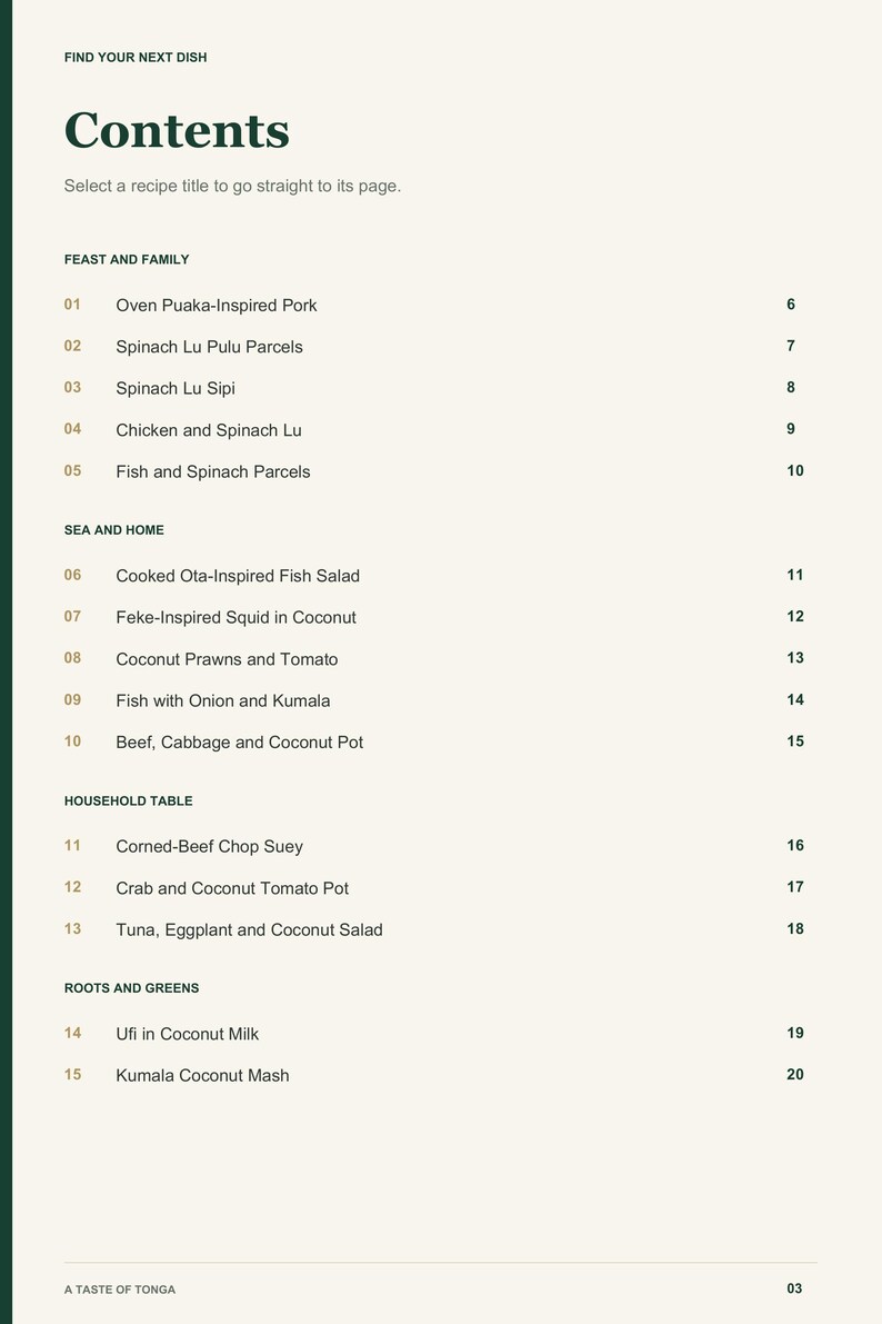 Actual PDF page 3 from A Taste of Tonga: Contents, page 1.