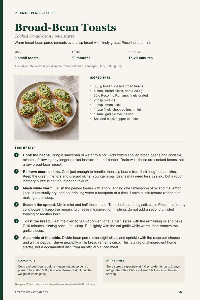 Actual PDF page 6 from A Taste of Vatican City: Broad-Bean Toasts recipe page.
