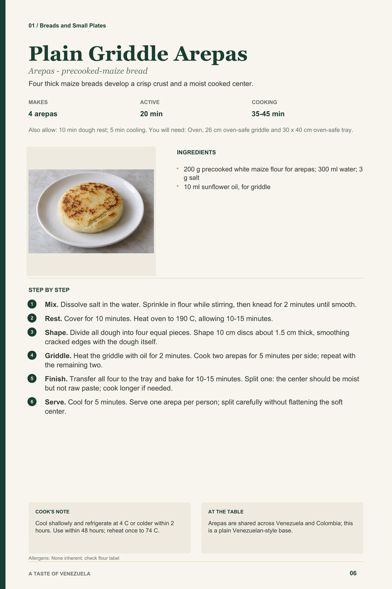 Actual PDF page 6 from A Taste of Venezuela: Plain Griddle Arepas recipe page.