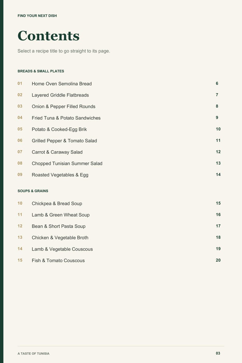 Actual PDF page 3 from A Taste of Tunisia: Contents, page 1.