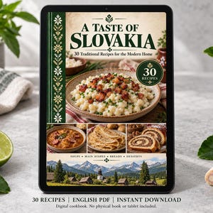Digital cookbook mockup displaying the actual A Taste of Slovakia cover. English PDF download only; no tablet or physical book included.