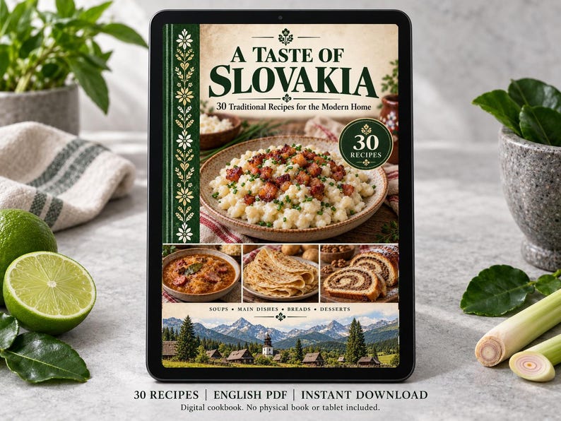 Digital cookbook mockup displaying the actual A Taste of Slovakia cover. English PDF download only; no tablet or physical book included.