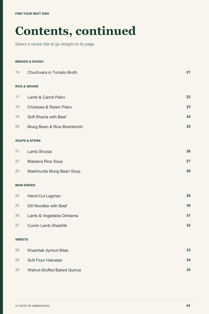 Actual PDF page 4 from A Taste of Uzbekistan: Contents, page 2.