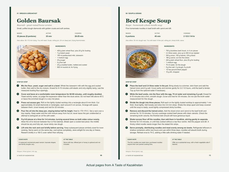 Two actual recipe pages from A Taste of Kazakhstan.