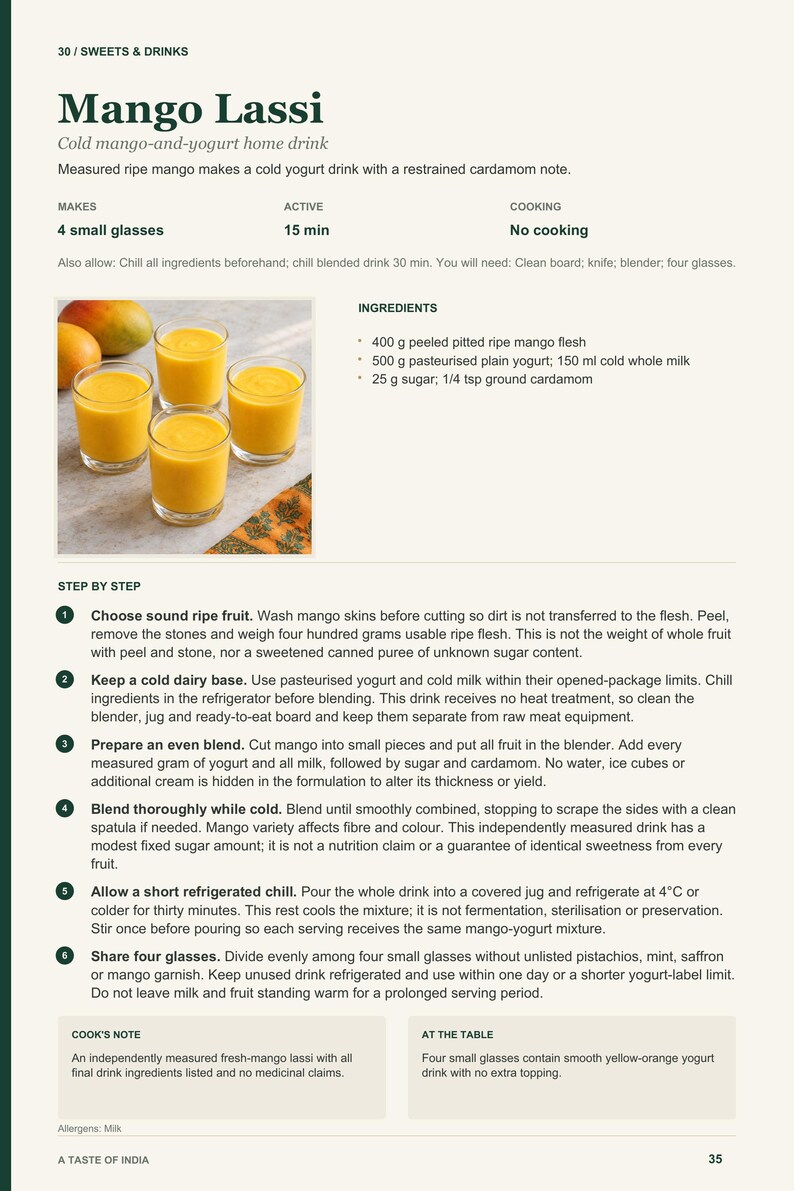 Actual PDF page 35 from A Taste of India: Mango Lassi recipe page.