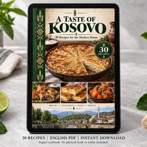 Digital cookbook mockup displaying the actual A Taste of Kosovo cover. English PDF download only; no tablet or physical book included.