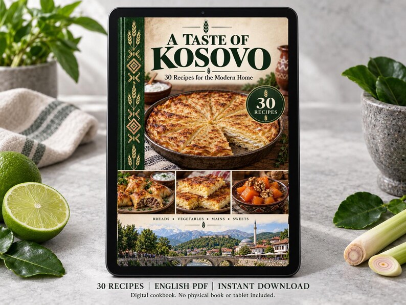 Digital cookbook mockup displaying the actual A Taste of Kosovo cover. English PDF download only; no tablet or physical book included.