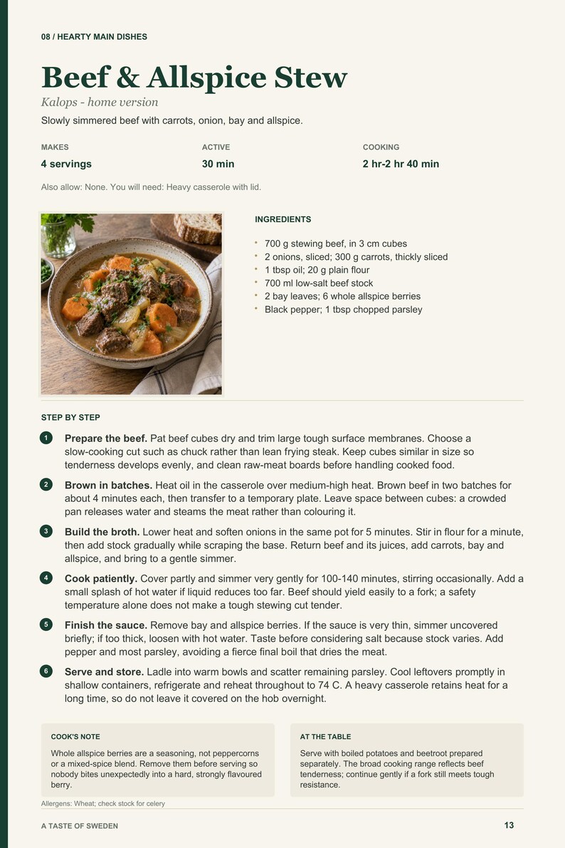 Actual PDF page 13 from A Taste of Sweden: Beef & Allspice Stew recipe page.