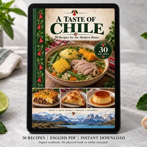 Digital cookbook mockup displaying the actual A Taste of Chile cover. English PDF download only; no tablet or physical book included.
