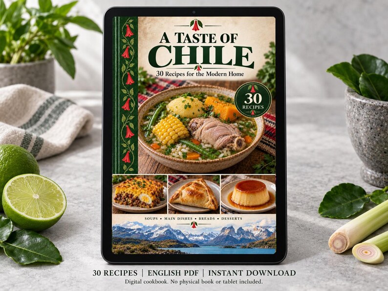 Digital cookbook mockup displaying the actual A Taste of Chile cover. English PDF download only; no tablet or physical book included.