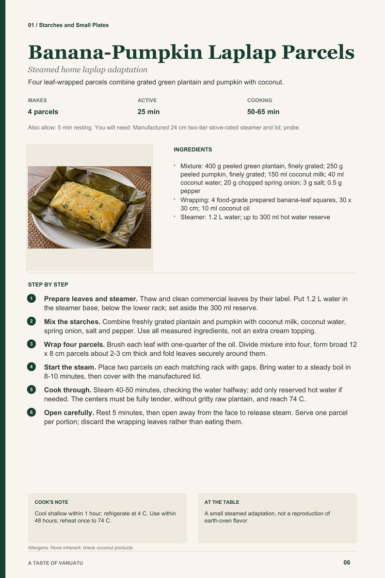 Actual PDF page 6 from A Taste of Vanuatu: Banana-Pumpkin Laplap Parcels recipe page.