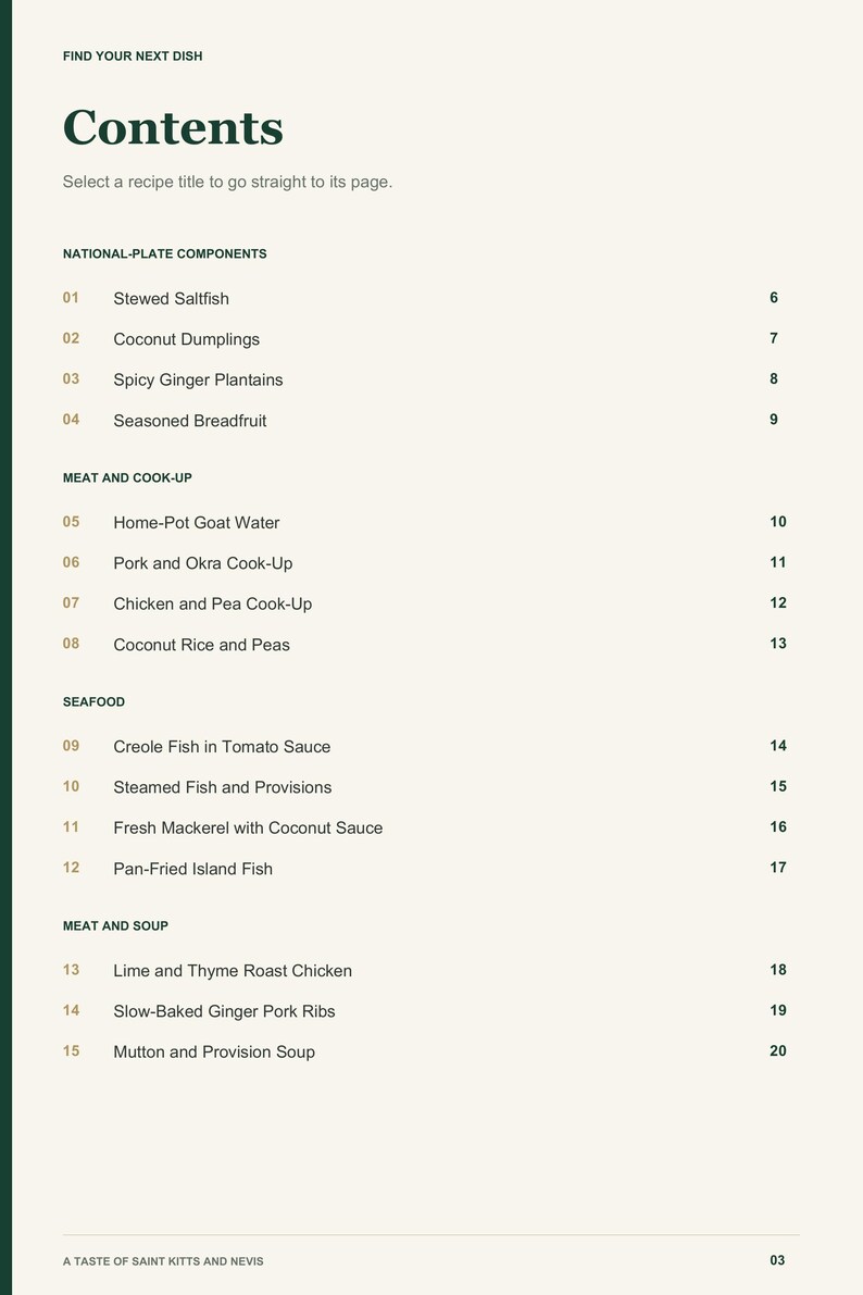 Actual PDF page 3 from A Taste of Saint Kitts and Nevis: Contents, page 1.