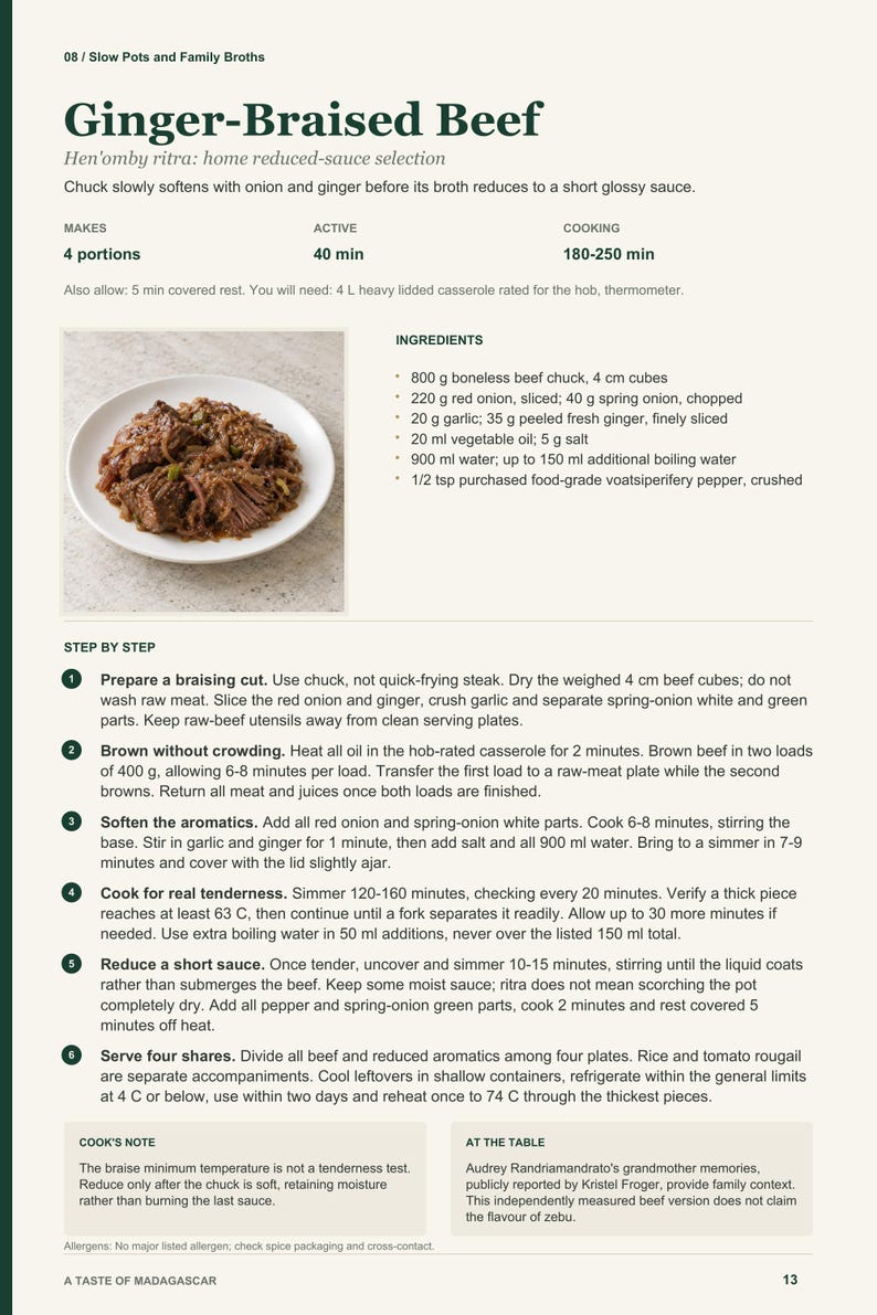 Actual PDF page 13 from A Taste of Madagascar: Ginger-Braised Beef recipe page.