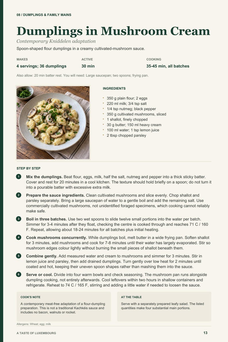 Actual PDF page 13 from A Taste of Luxembourg: Dumplings in Mushroom Cream recipe page.