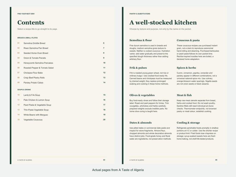 Actual contents and kitchen-notes pages from A Taste of Algeria.