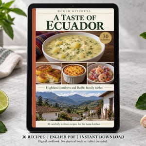Digital cookbook mockup displaying the actual A Taste of Ecuador cover. English PDF download only; no tablet or physical book included.